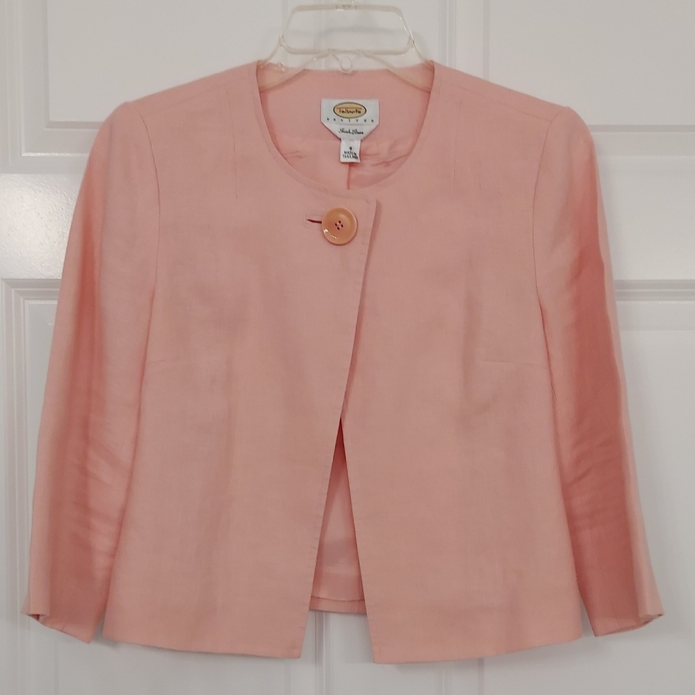 TALBOTS | 4P Lt. Pink Irish Linen 3/4 Sleeve, 1-Button No Collar Cropped Blazer